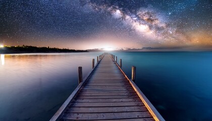 Obraz premium Wooden Pier Leading To A Vibrant Milky Way Galaxy At Night