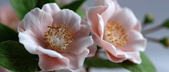 Delicate pink camellia flowers with detailed stamen and soft petals, showcasing floral beauty and botanical elegance in a closeup studio shot