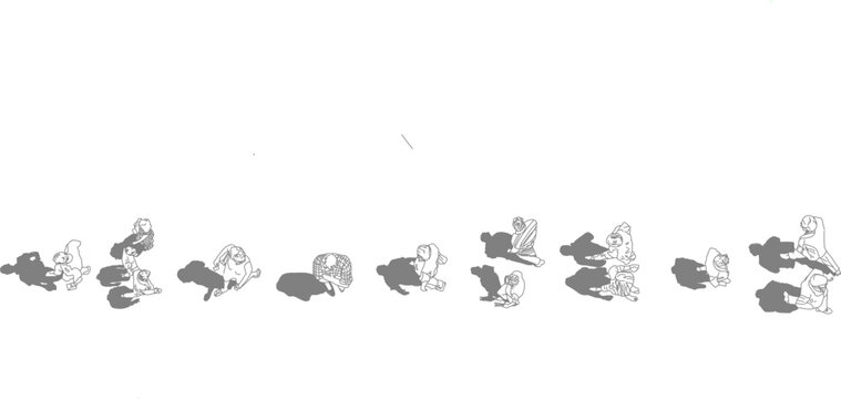 A collection of top view vector people figures with gray shadows underneath, showing groups and couples, useful for realistic architectural plans.