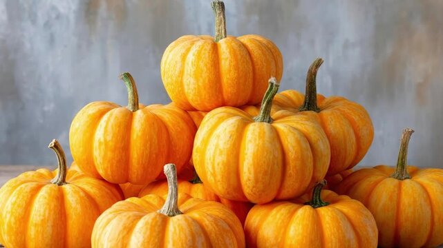 A visually appealing stack of fresh, vibrant orange pumpkins creates a bountiful display. These small, ripe gourds are neatly piled on a rustic wooden surface, with a softly blurred background providi