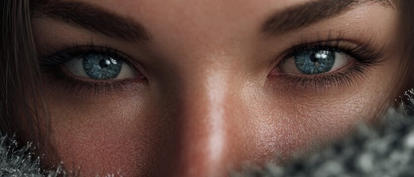 Captivating closeup of an adult womans striking blue eyes, framed by long lashes and soft, warm fabric Her intense gaze conveys focus, beauty, and deep emotion, creating a mysterious and thoughtful po