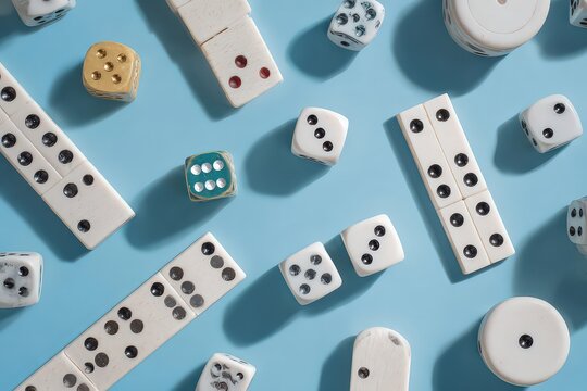 Overhead View of Dice and Dominoes Scattered on a Light Blue Surface