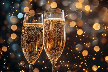 Close-up of two champagne flutes with bokeh lights Image