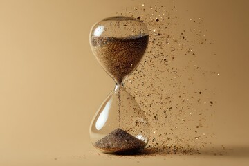 Hourglass with sparkling glitter particles against a beige backdrop symbolizes the passage of time