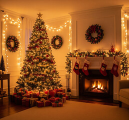 Int&eacute;rieur d'une maison d&eacute;cor&eacute;e pour No&euml;l avec un sapin et une chemin&eacute;e