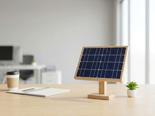 Small wooden solar panel model on a light office desk, promoting sustainable business.