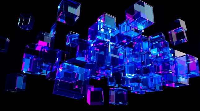 Abstract background of glowing neon translucent geometric cubes - Powered by Adobe