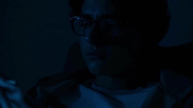 Teen quietly browsing, young guy silently scrolling phone, young male informally exploring his mobile device in dimly lit bedroom setting, adolescent white boy quietly viewing content 