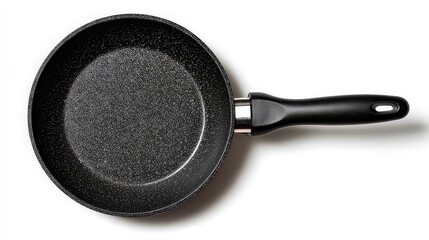 Overhead View of a Speckled Black Frying Pan with a Metallic Handle on a White Background