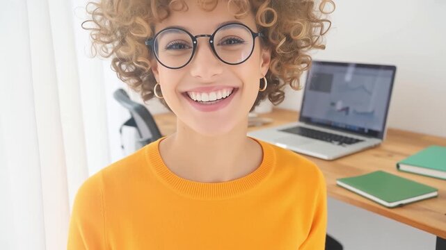 Close-up Portrait of a Cheerful Young Businesswoman With Curly Hair and Glasses Smiling Brightly at the Camera While Working Remotely on a Laptop in a Modern Home Office