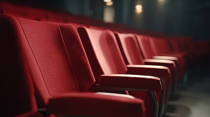 Rows of Red Theater Seats Under Dramatic Lighting with Soft Focus Background