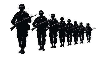 Silhouette of soldiers in formation holding rifles against a white background