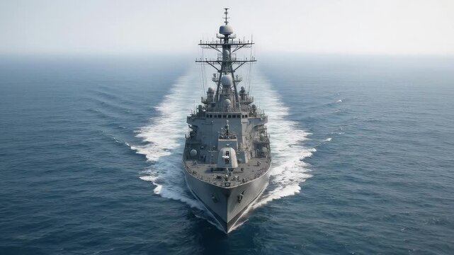 Warship sailing across vast open ocean, leaving a prominent white wake. Military vessel on active patrol. Aerial tracking shot.