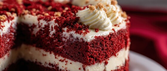 Vibrant Red Velvet cake with luscious cream cheese frosting and crumb topping, a tempting dessert with a slice removed, presented indoors Concept of baking, indulgence, and celebration