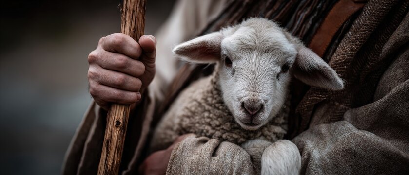 Shepherd holding a lamb with a wooden staff in a closeup shot, symbolizing faith, protection, and care in a religious or pastoral concept