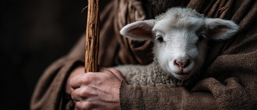 Shepherd holding a lamb with a wooden staff in a closeup shot, depicting care and protection in a rustic, biblical setting Concept of faith and compassion