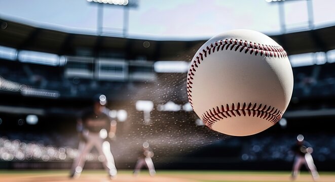 White baseball soaring high above the infield diamond, surrounded by tiny dust particles during an intense athletic game at sunlit outdoor stadium with blurred competitor figures.