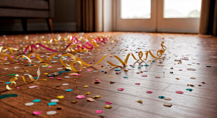 bright, sunny room with a wooden floor covered in confetti, and other leftovers from a new year celebration The scene conveys aftermath, fun, and post party ambiance
