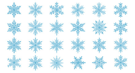 Collection of Intricate Blue Snowflake Designs on White Background.
