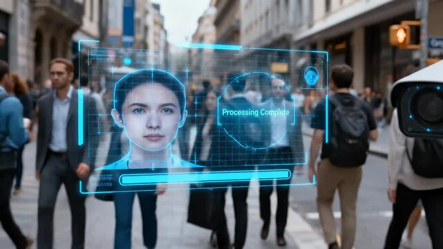 Biometric scanning system identifies female face in crowd on busy street. CCTV camera captures and processes pedestrian data. Camera performs panning and tilting movements.