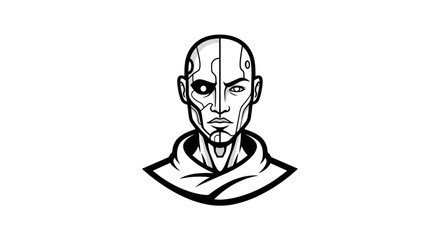 Monochromatic Cybernetic Humanoid Head with Intense Gaze.