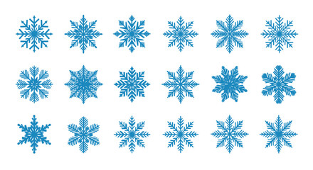 Collection of Intricate Blue Snowflake Designs on White Background.