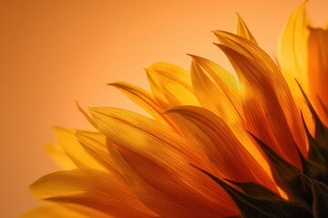 Close Up of a Sunflower with Golden Light on Petals in front of an Orange Background