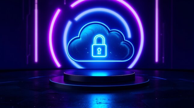 Cloud Security Technology Concept with Glowing Padlock and Neon Lights - Powered by Adobe
