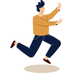 Man Running With Raised Hands Dynamic Pose Casual Outfit Dark Blue Pants Mustard Yellow Long Sleeve Shirt and Maroon Shoes Simple Flat Illustration White Background