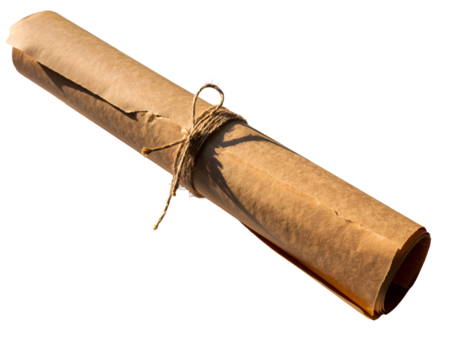 Rolled Parchment Paper Tied With Twine, Isolated on a Clean Background, Highlighting Rustic Vintage Stationery and Classic Writing Materials