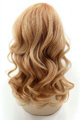 Naklejka premium Long wavy blonde wig displayed on a mannequin head, isolated on a white background.