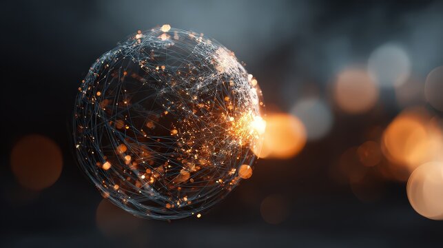 Abstract Sphere Illuminated With Orange And White Lights Against Dark Background With Bokeh Effect
