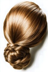 Neatly styled brown hair bun with a braided base, displayed against a white background.