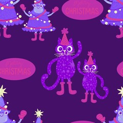 Cartoon funny cats and frogs seamless Christmas pattern for wrapping paper and kids clothes print and festive packaging