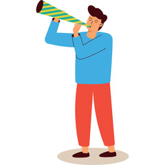 Man in Blue Long Sleeve Shirt and Red Pants Playing a Yellow and Teal Striped Party Horn With Eyes Closed