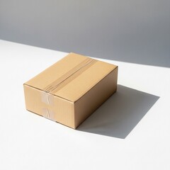 Sealed Brown Cardboard Box Casting Shadows on a White Surface