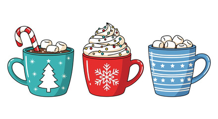 Festive Hot Chocolate Mugs with Toppings for Christmas.