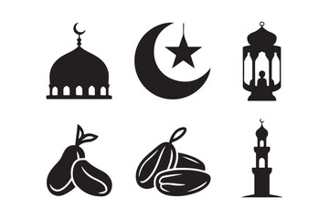 Islamic ramadan icons featuring mosque lantern dates and crescent moon