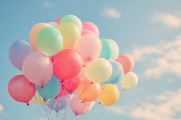 Colorful Balloons Floating Against Clear Blue Sky Celebration Concept
