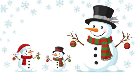 Festive Snowmen Family Celebrating Winter Holidays with Joyful Decorations.