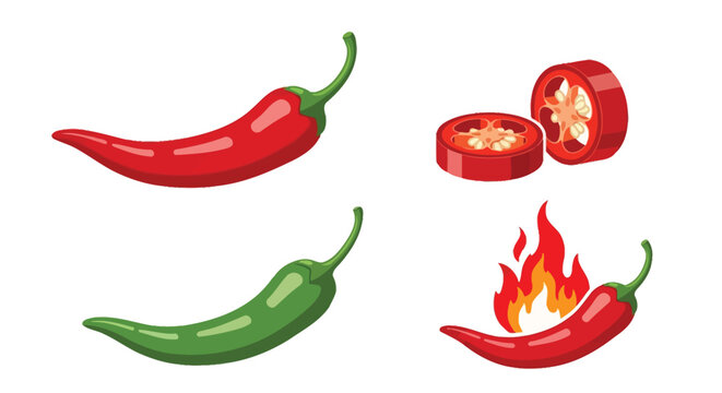 Red and green chili peppers sliced and with flames illustration