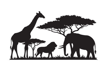 African safari silhouette scene with giraffe elephant and lion