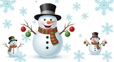 Festive Snowmen with Ornaments and Striped Scarves in Winter Scene.