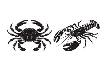 Black and white silhouette of a crab and a lobster