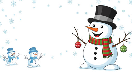 Festive Snowmen with Ornaments and Top Hats in Winter Scene.