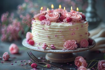 A beautiful pink birthday cake is decorated with roses, candles, and raspberries, set against a soft floral background. It?s a charming and celebratory image.