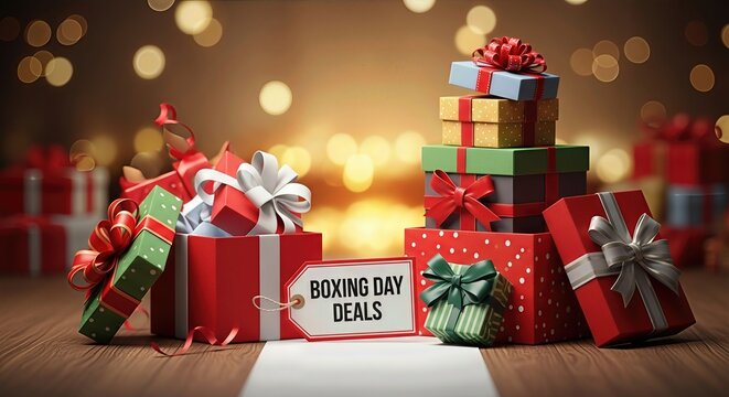 Boxing Day holiday sales occasion with assorted festive gift boxes. Many colorful packages arranged on a rustic wooden surface, glowing with warm ambient lights.