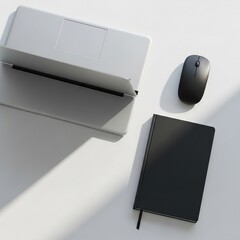 Minimalist Work Desk with Laptop, Mouse, and Notebook on White Surface