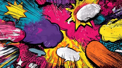 Dynamic comic book background featuring vibrant action scenes, colorful speech bubbles, and creative lines for innovative storytelling and design.