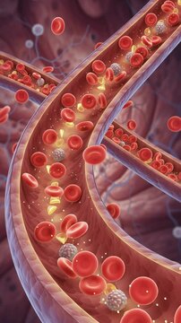 Blood cells circulating through human veins and arteries. Medical illustration of internal body processes. Panning and tilting camera movement.